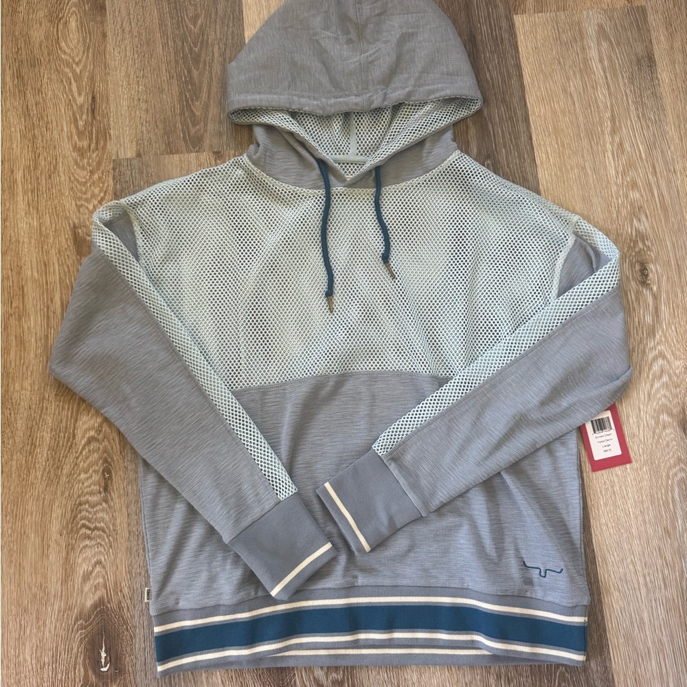 Light Blue Grey Mesh-Panel Hooded Pullover